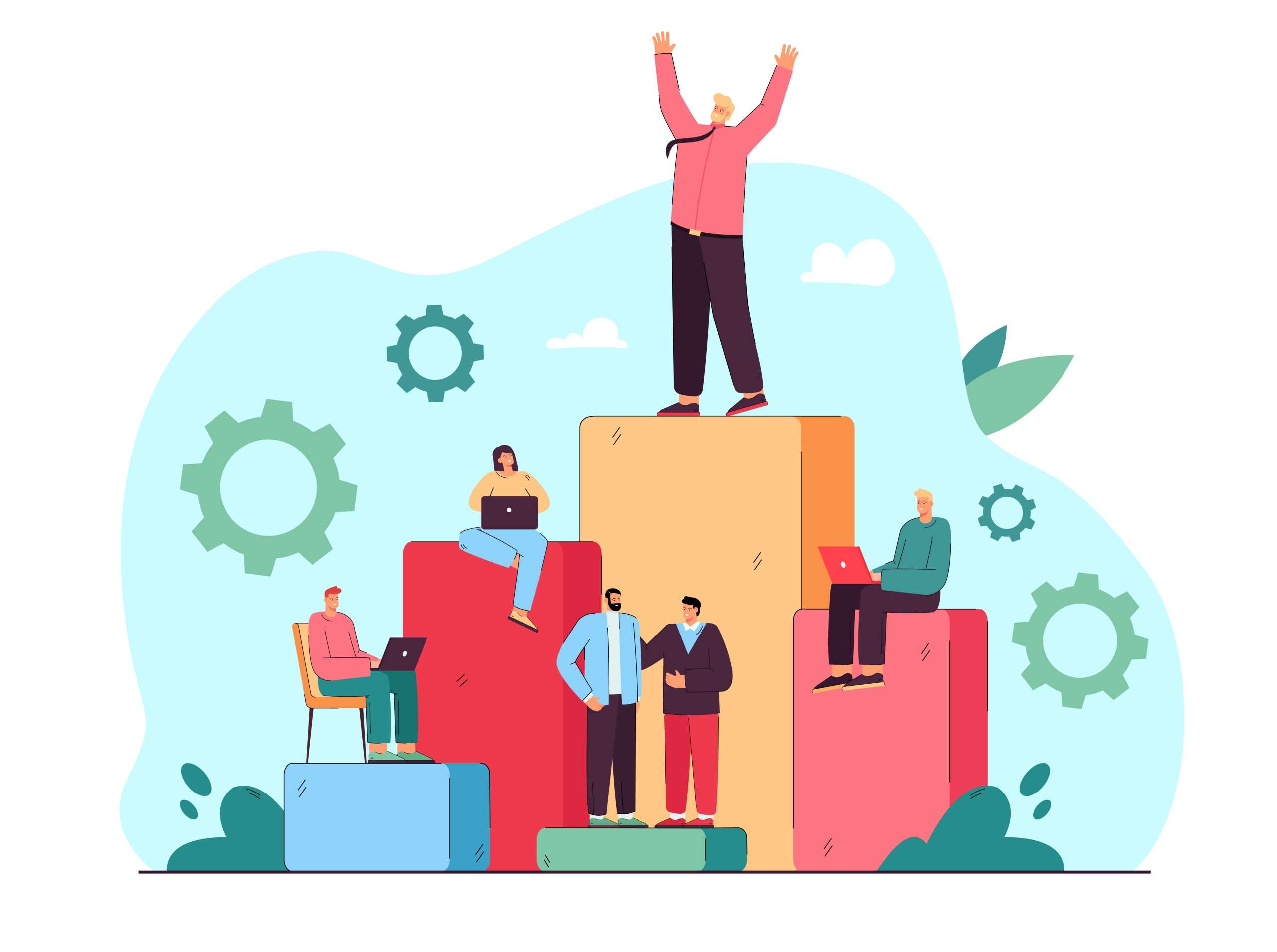 Corporate workers achieving success in business. Flat vector illustration. People making career, reaching top of professional hierarchy. Career ladder, growth, business, teamwork concept for design
